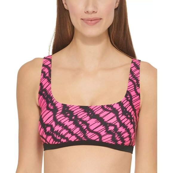 DKNY Womens Large Printed Square-Neck Bikini Top Swimsuit Pink Black $68 1949 - Picture 1 of 7